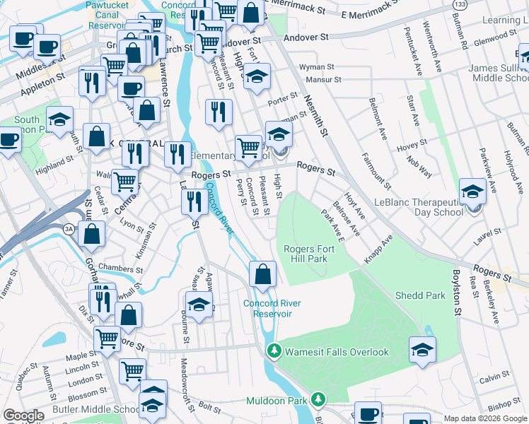 map of restaurants, bars, coffee shops, grocery stores, and more near in Lowell