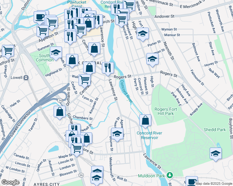 map of restaurants, bars, coffee shops, grocery stores, and more near 538 Lawrence Street in Lowell