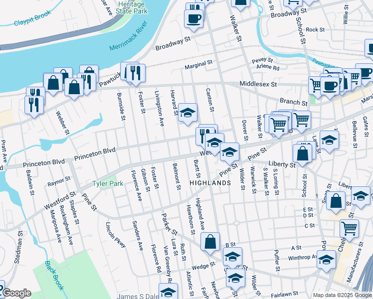 map of restaurants, bars, coffee shops, grocery stores, and more near 18 Edson Street in Lowell