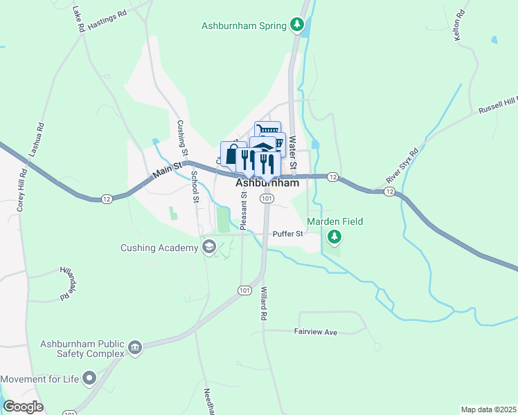 map of restaurants, bars, coffee shops, grocery stores, and more near 14 Central Street in Ashburnham