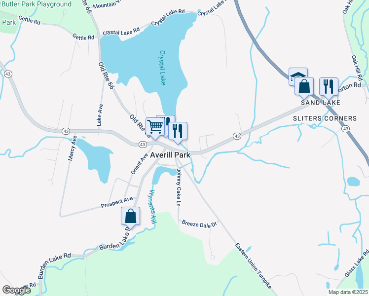 map of restaurants, bars, coffee shops, grocery stores, and more near 3010 New York 43 in Averill Park
