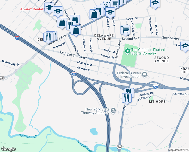 map of restaurants, bars, coffee shops, grocery stores, and more near 183 Southern Boulevard in Albany
