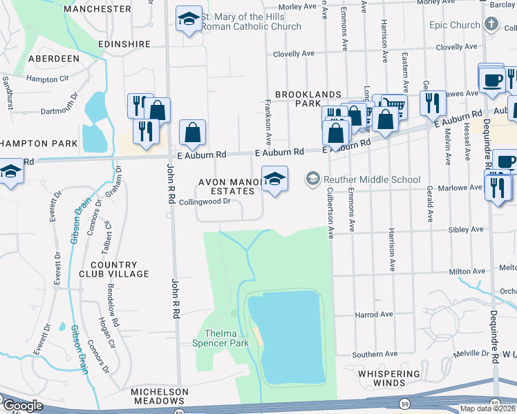 map of restaurants, bars, coffee shops, grocery stores, and more near 3230 Avon Manor Road in Rochester Hills