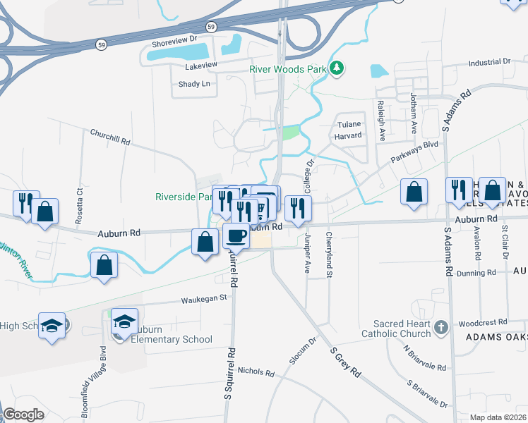 map of restaurants, bars, coffee shops, grocery stores, and more near 93 Squirrel Court in Auburn Hills