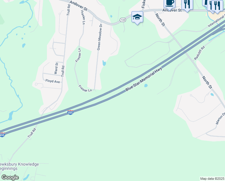 map of restaurants, bars, coffee shops, grocery stores, and more near Blue Star Memorial Highway in Tewksbury