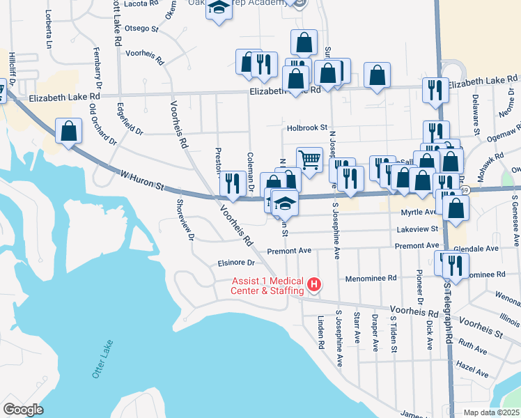 map of restaurants, bars, coffee shops, grocery stores, and more near 1265 West Huron Street in Waterford Township