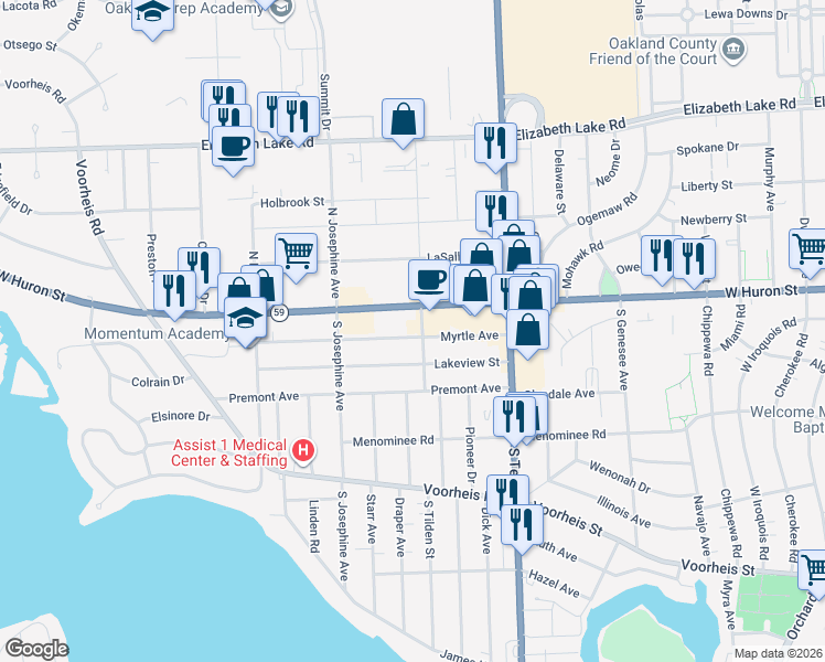 map of restaurants, bars, coffee shops, grocery stores, and more near 1000 Myrtle Avenue in Waterford Township