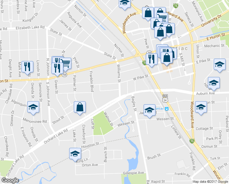map of restaurants, bars, coffee shops, grocery stores, and more near 19 Lorraine Ct in Pontiac