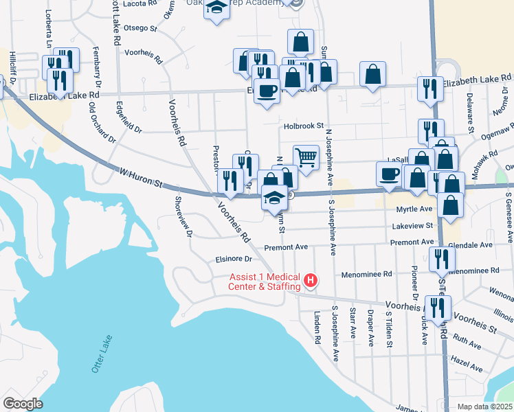 map of restaurants, bars, coffee shops, grocery stores, and more near 1265 West Huron Street in Waterford Township