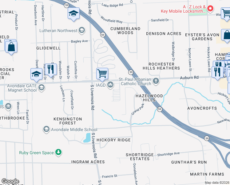 map of restaurants, bars, coffee shops, grocery stores, and more near 819 West Auburn Road in Rochester Hills