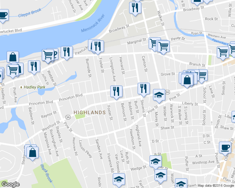 map of restaurants, bars, coffee shops, grocery stores, and more near 20 Windsor Street in Lowell
