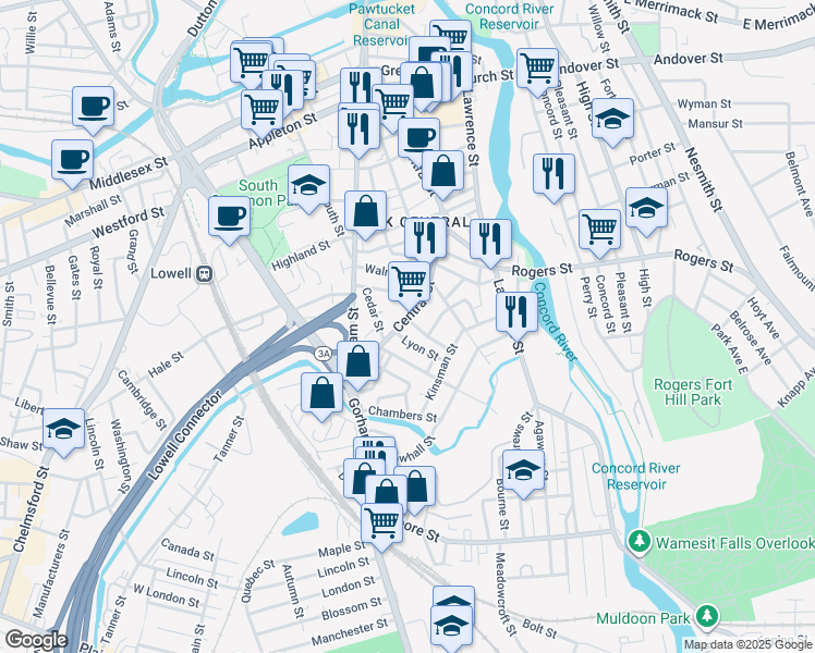 map of restaurants, bars, coffee shops, grocery stores, and more near 906 Central Street in Lowell