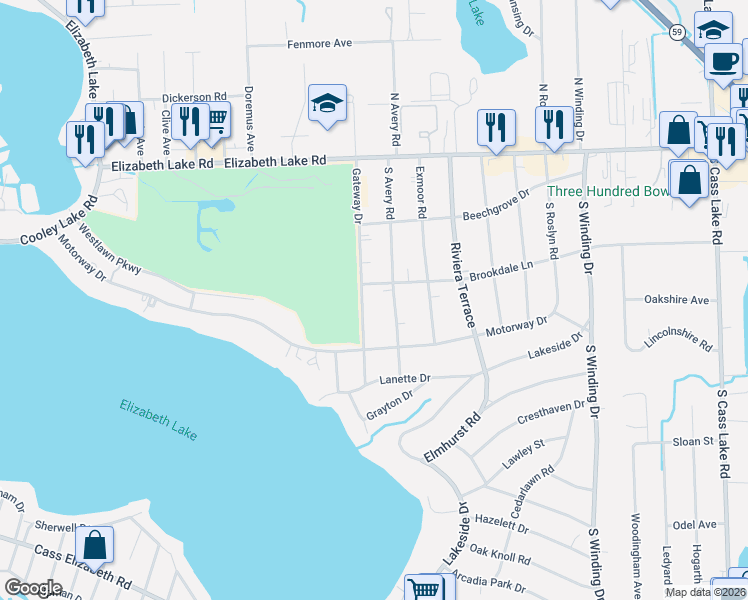 map of restaurants, bars, coffee shops, grocery stores, and more near 239 Gateway Drive in Waterford Township