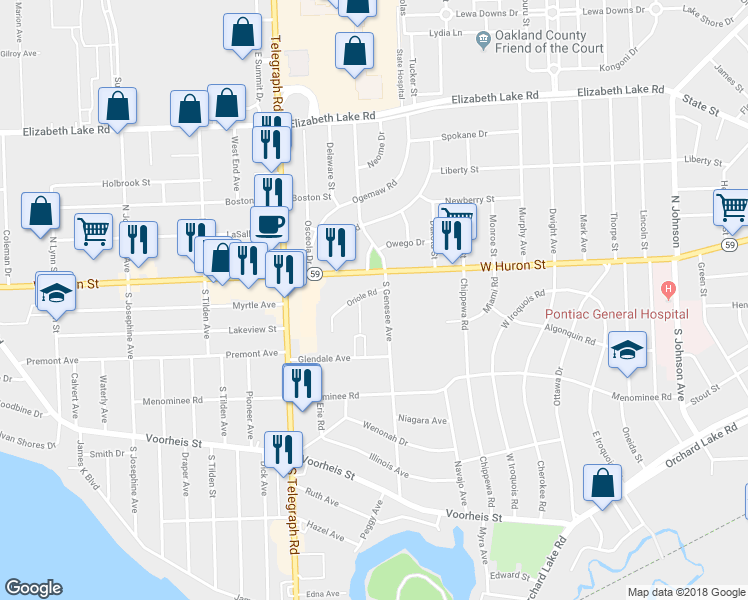 map of restaurants, bars, coffee shops, grocery stores, and more near 19 Oriole Road in Pontiac