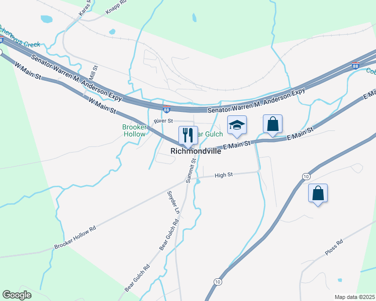 map of restaurants, bars, coffee shops, grocery stores, and more near 268 Main Street in Richmondville