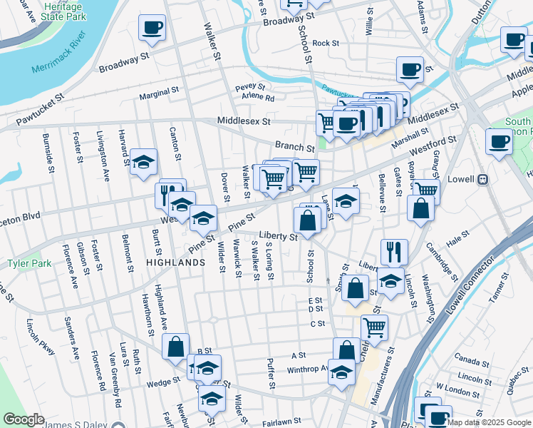 map of restaurants, bars, coffee shops, grocery stores, and more near 16 Pine Street in Lowell