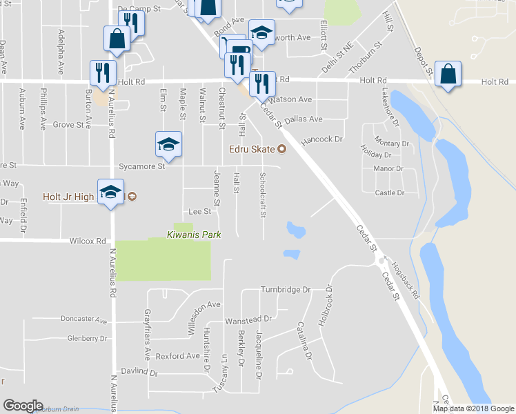 map of restaurants, bars, coffee shops, grocery stores, and more near 1801 Schoolcraft Street in Delhi charter Township