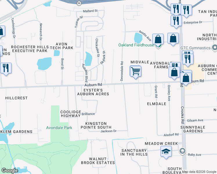 map of restaurants, bars, coffee shops, grocery stores, and more near 2449 West Auburn Road in Rochester Hills
