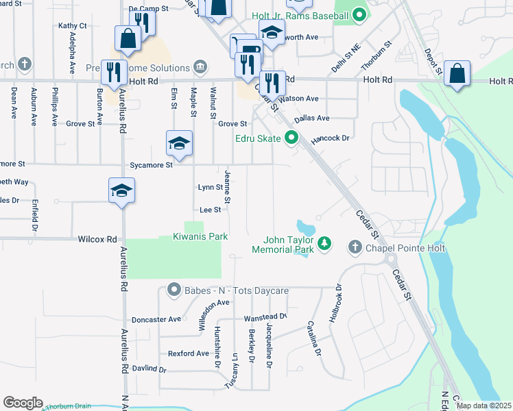 map of restaurants, bars, coffee shops, grocery stores, and more near 1801 Schoolcraft Street in Delhi charter Township