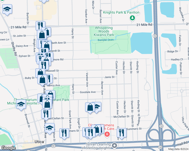 map of restaurants, bars, coffee shops, grocery stores, and more near 8857 Janis Street in Shelby Charter Township