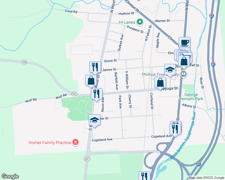 map of restaurants, bars, coffee shops, grocery stores, and more near 82 Cayuga Street in Homer