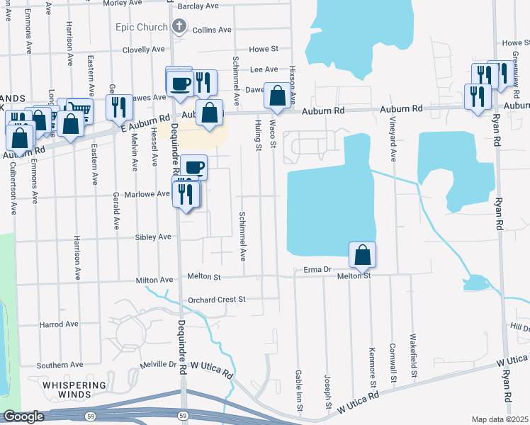 map of restaurants, bars, coffee shops, grocery stores, and more near 46374 Huling Street in Shelby Township