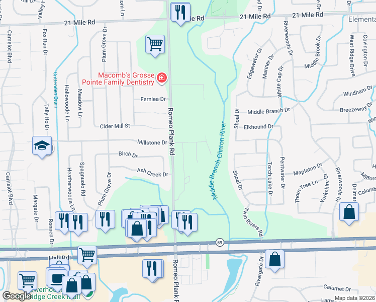 map of restaurants, bars, coffee shops, grocery stores, and more near 45884 Delta Dr in Macomb