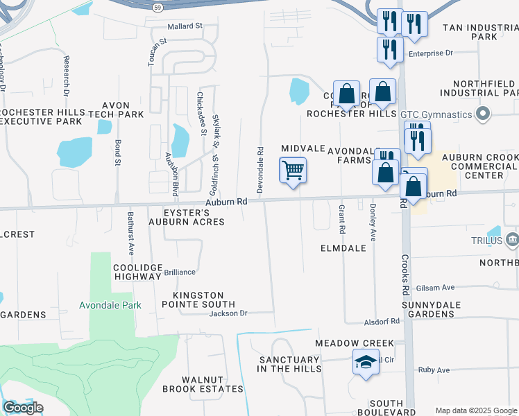 map of restaurants, bars, coffee shops, grocery stores, and more near 3040 Devondale Road in Rochester Hills