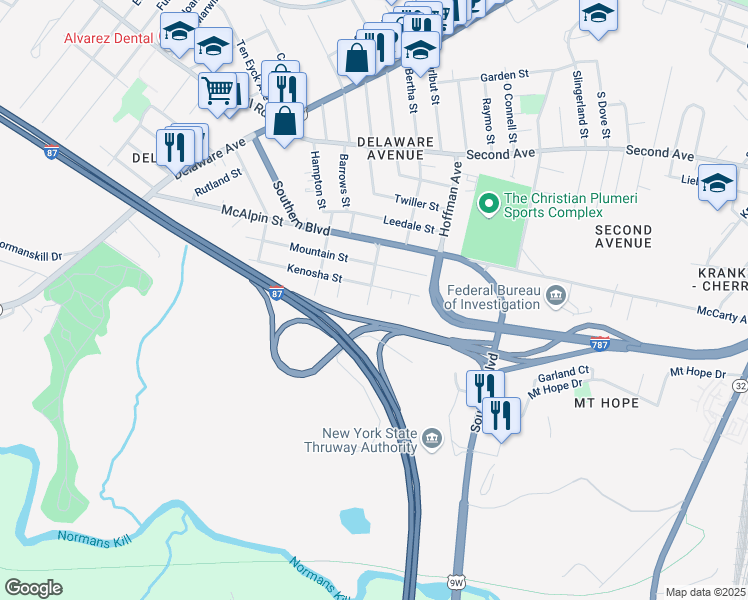 map of restaurants, bars, coffee shops, grocery stores, and more near 183 Southern Boulevard in Albany