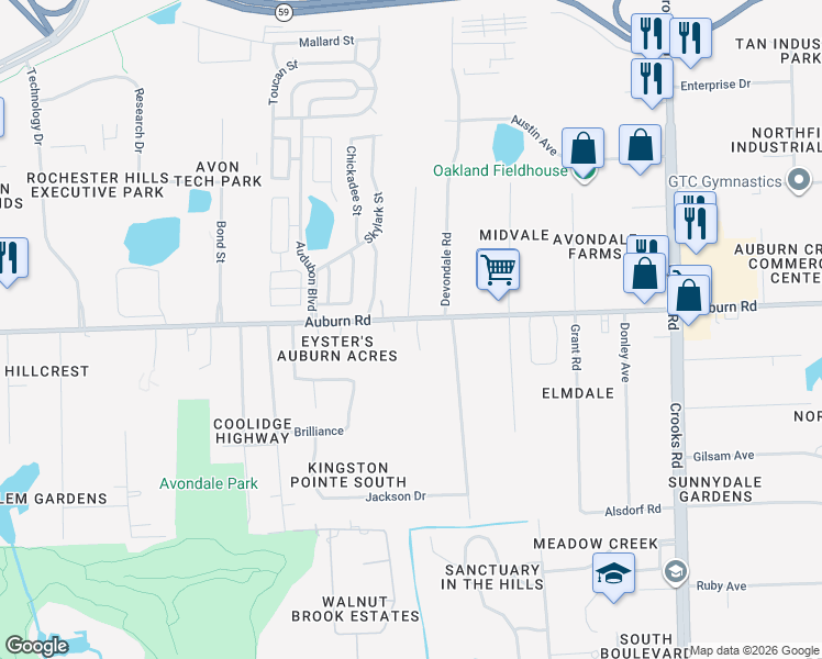 map of restaurants, bars, coffee shops, grocery stores, and more near 2449 West Auburn Road in Rochester Hills
