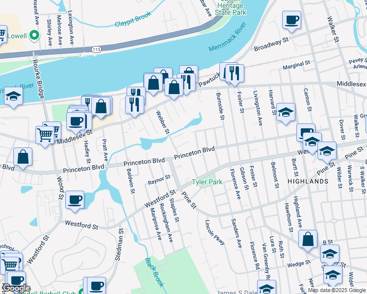 map of restaurants, bars, coffee shops, grocery stores, and more near 15 Foch Street in Lowell