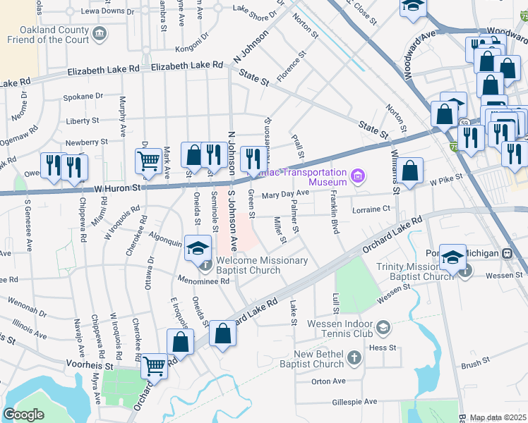 map of restaurants, bars, coffee shops, grocery stores, and more near 114 Henry Clay Ave in Pontiac