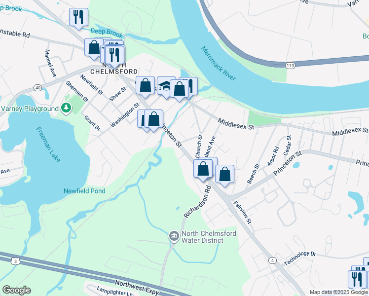 map of restaurants, bars, coffee shops, grocery stores, and more near 118 Princeton Street in Chelmsford
