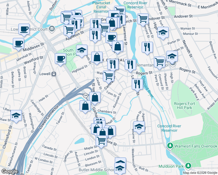 map of restaurants, bars, coffee shops, grocery stores, and more near 906 Central Street in Lowell