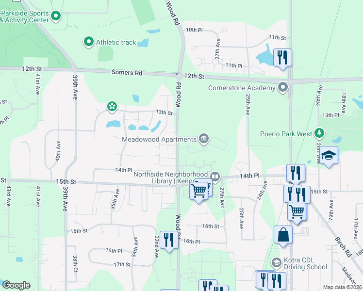 map of restaurants, bars, coffee shops, grocery stores, and more near 1388 30th Avenue in Kenosha