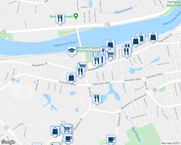 map of restaurants, bars, coffee shops, grocery stores, and more near 17 Columbia Street in Lowell