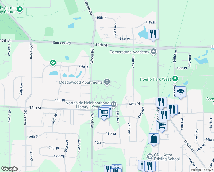 map of restaurants, bars, coffee shops, grocery stores, and more near 1387 30th Avenue in Kenosha