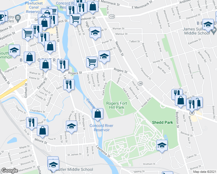 map of restaurants, bars, coffee shops, grocery stores, and more near 32 Park Avenue West in Lowell