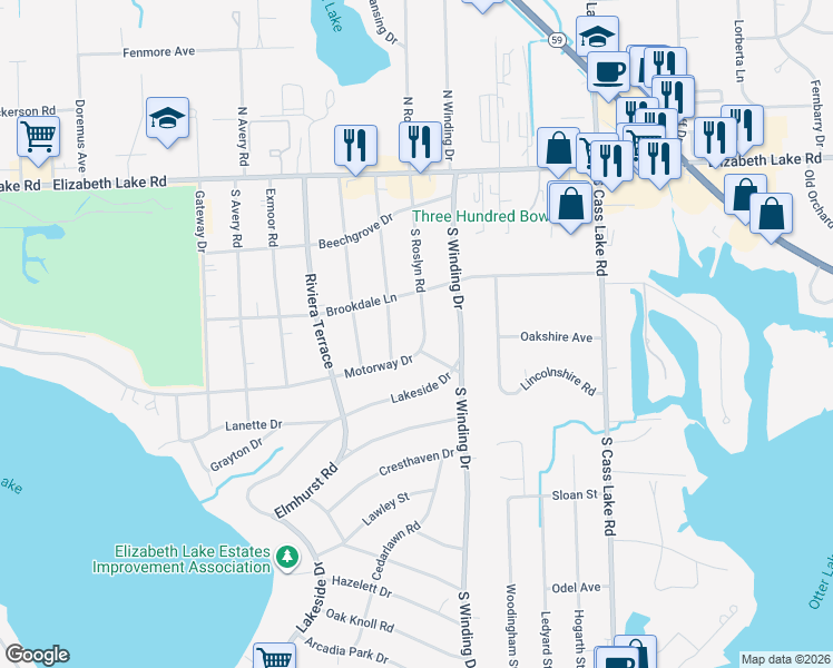 map of restaurants, bars, coffee shops, grocery stores, and more near 366 South Roslyn Road in Waterford charter Township