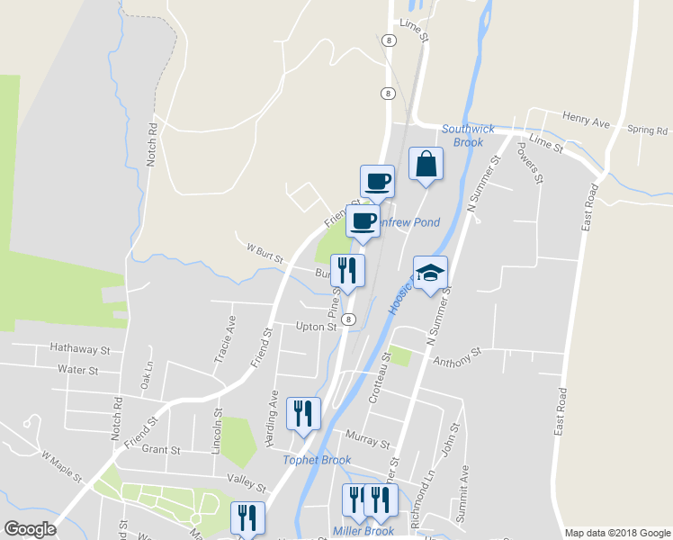 map of restaurants, bars, coffee shops, grocery stores, and more near 1 Burt Street in Adams