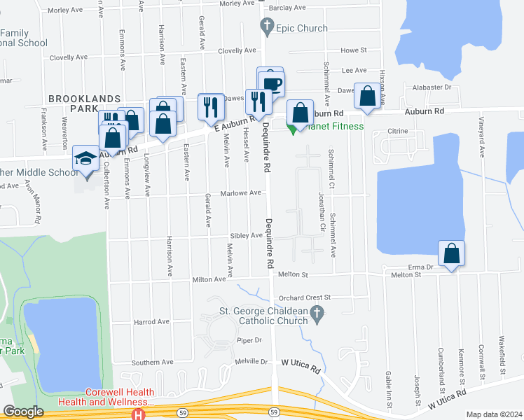 map of restaurants, bars, coffee shops, grocery stores, and more near 46373 Dequindre Road in Rochester Hills