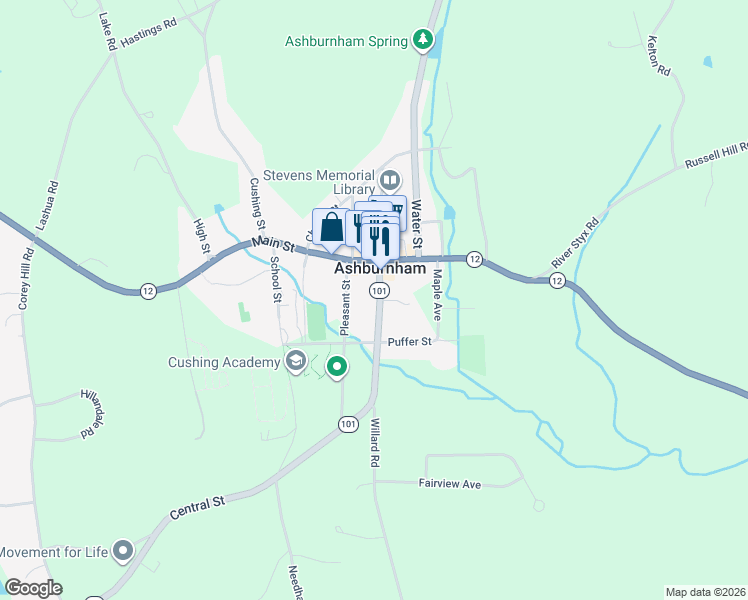map of restaurants, bars, coffee shops, grocery stores, and more near 14 Central Street in Ashburnham