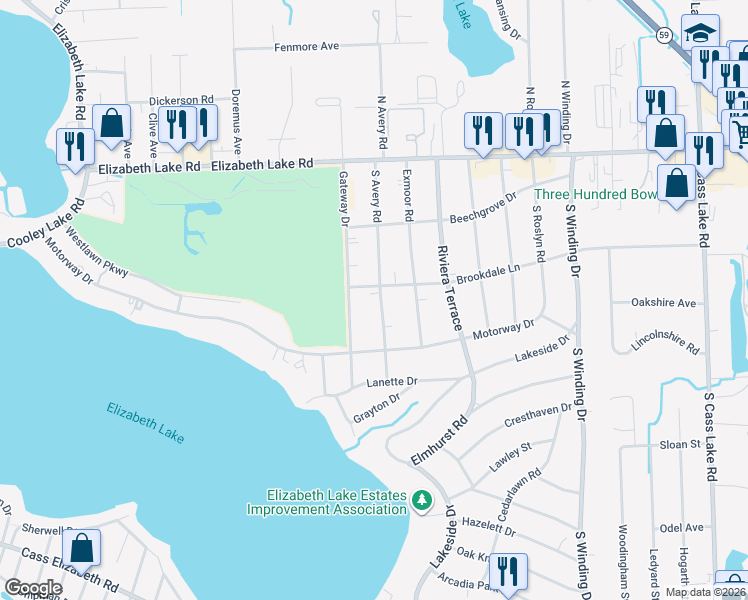 map of restaurants, bars, coffee shops, grocery stores, and more near 320 South Avery Road in Waterford charter Township