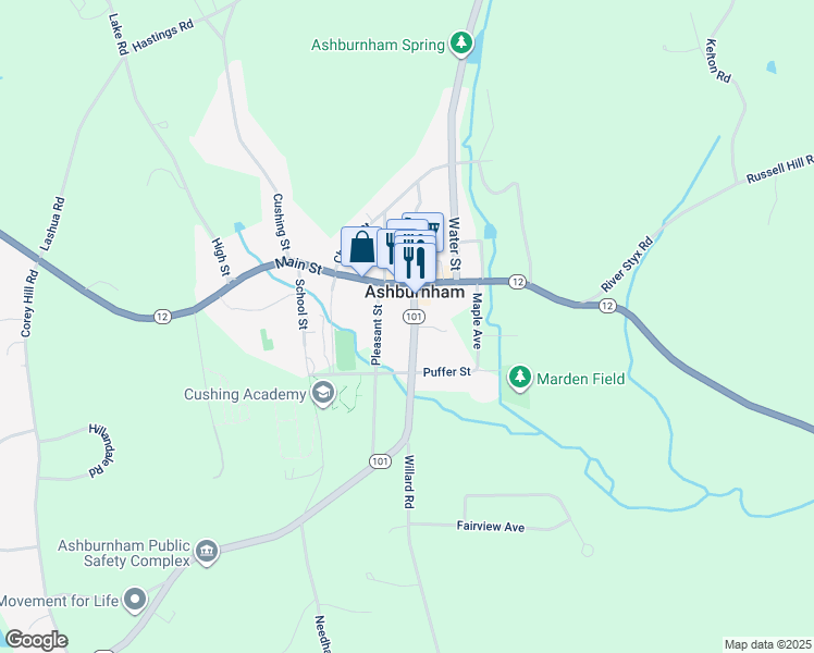 map of restaurants, bars, coffee shops, grocery stores, and more near 14 Central Street in Ashburnham