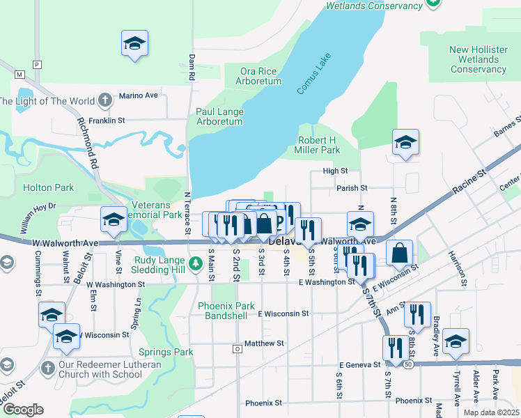 map of restaurants, bars, coffee shops, grocery stores, and more near 211 3rd in Delavan