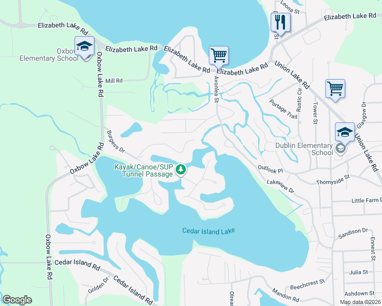 map of restaurants, bars, coffee shops, grocery stores, and more near 9927 Burgess Court in White Lake charter Township