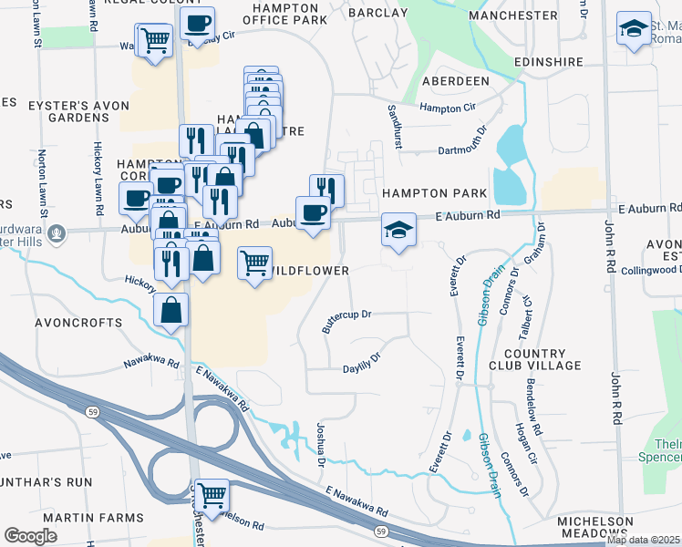 map of restaurants, bars, coffee shops, grocery stores, and more near 3135 Goldenrod Drive in Rochester Hills
