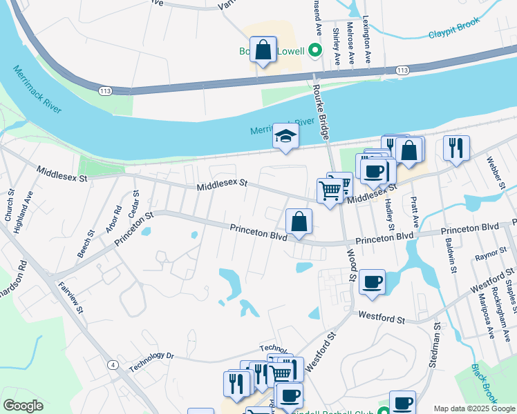 map of restaurants, bars, coffee shops, grocery stores, and more near 30 Nelson Street in Lowell