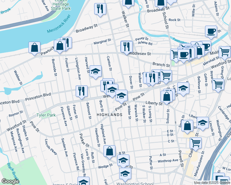 map of restaurants, bars, coffee shops, grocery stores, and more near 461 Westford Street in Lowell