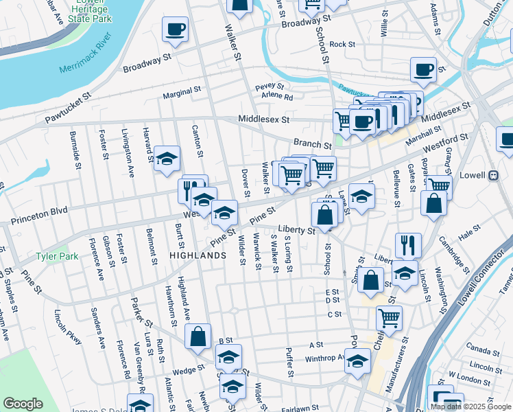 map of restaurants, bars, coffee shops, grocery stores, and more near 386 Westford Street in Lowell